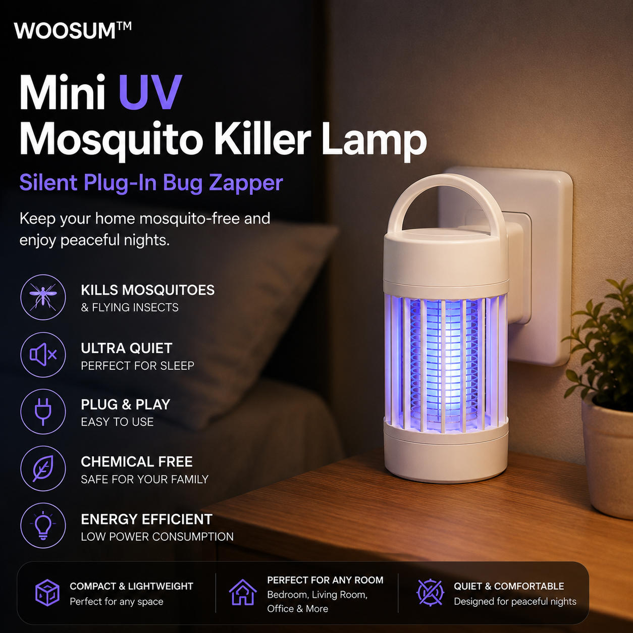 Mini Plug-In UV Mosquito Killer Lamp – Silent Indoor Bug Zapper ⭐⭐⭐⭐⭐